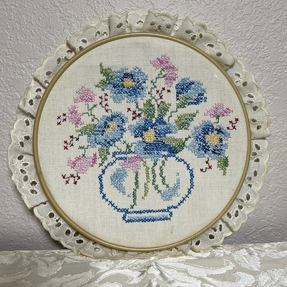 Handmade Cross Stitch Of A Blue Vase With Blue & Pink Flowers & Eyelet Lace